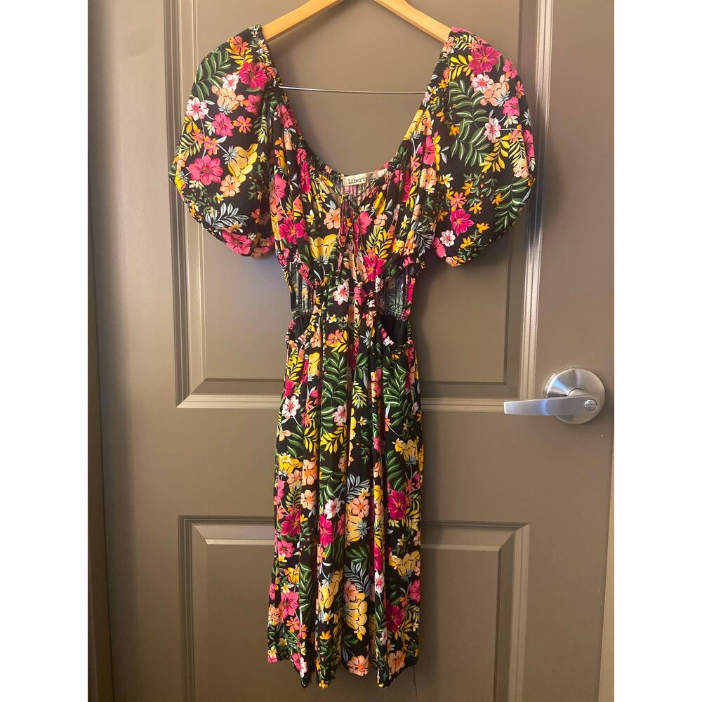 Liberty Love Black Floral Mini Dress with Pink & Yellow Blooms